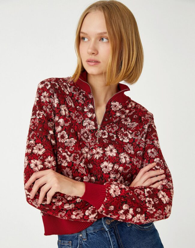 Camisola Jacquard Floral com Meio Fecho