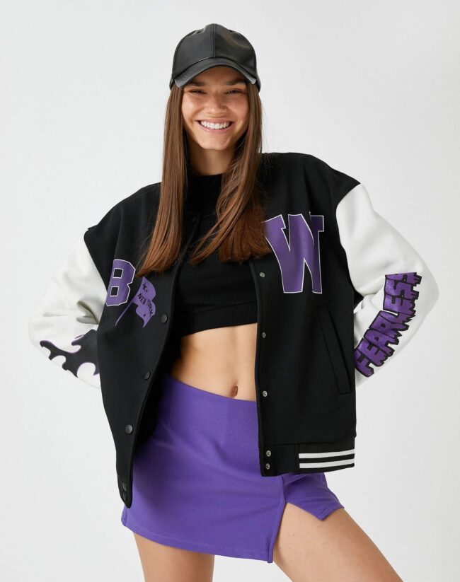 Casaco Bomber Universitário Oversize com Estampado e Forro de Lã