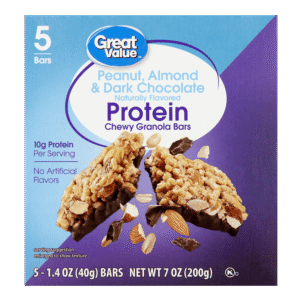 Great Value Peanut, Barra de granola mastigáveis ​​proteicas de amêndoa e chocolate dark